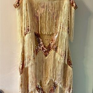 Art Deco/Gatsby inspired Cream and Gold Fringe Dress